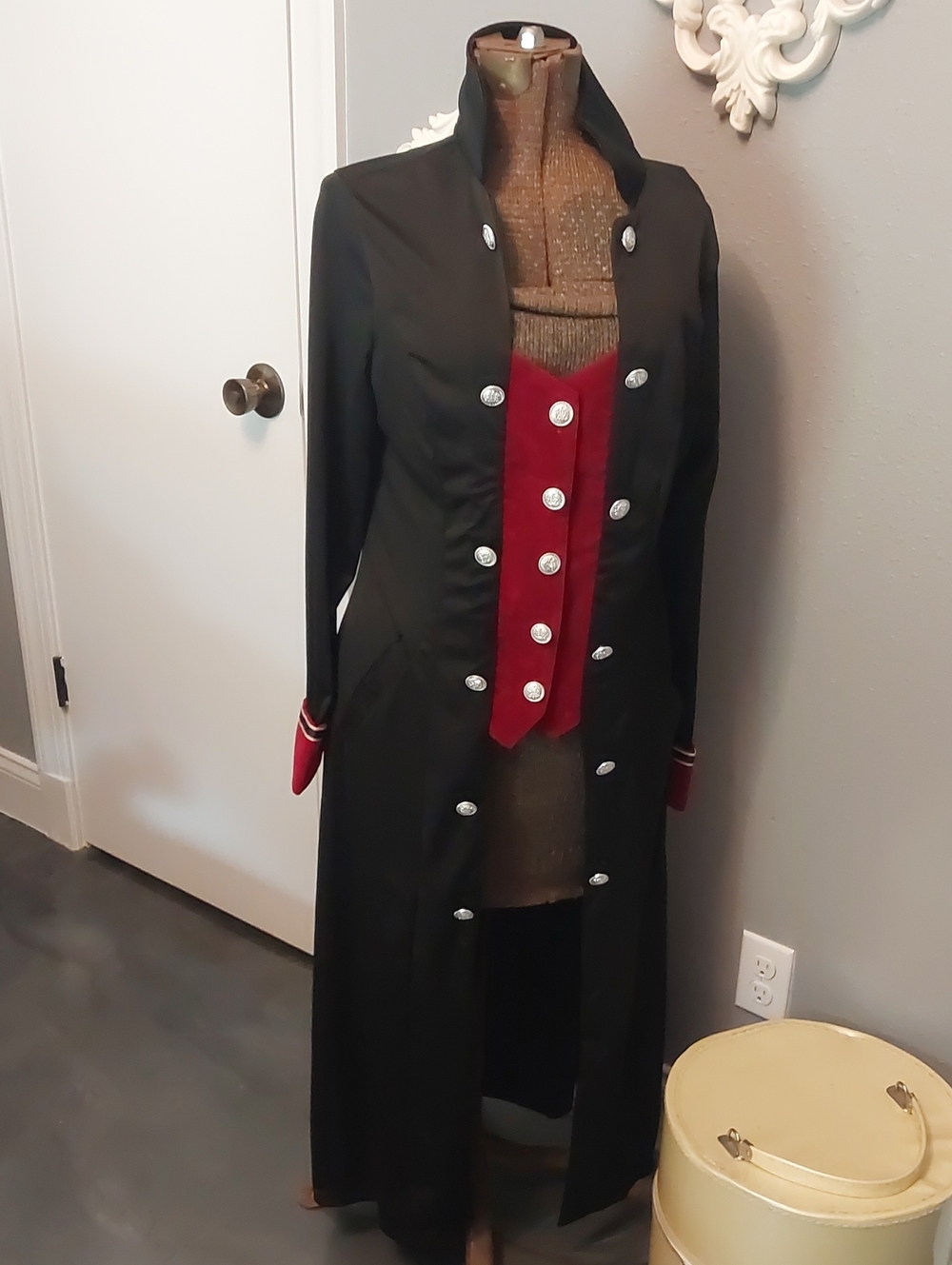 Rosegal Black Long Trench Coat with Red Trim and Silver Buttons